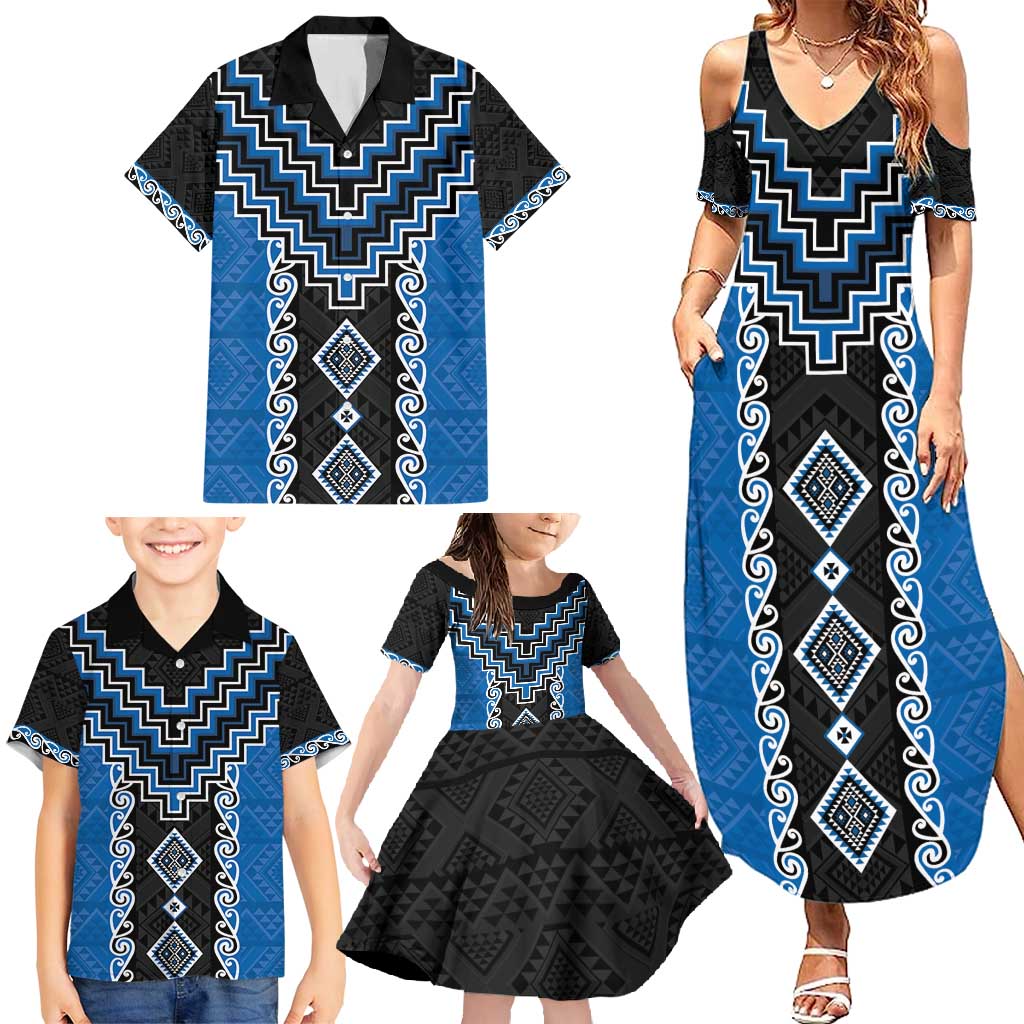 Blue Niho Taniwha Mix Poutama Family Matching Summer Maxi Dress and Hawaiian Shirt Unique Taniko Aotearoa LT01 - Polynesian Pride