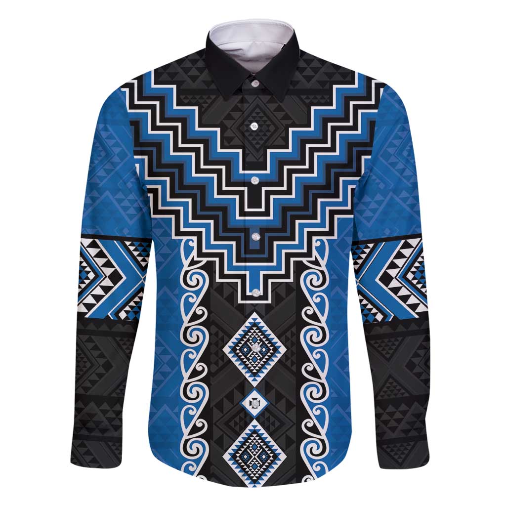 Blue Niho Taniwha Mix Poutama Family Matching Summer Maxi Dress and Hawaiian Shirt Unique Taniko Aotearoa LT01 Dad's Shirt - Long Sleeve Blue - Polynesian Pride