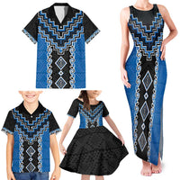 Blue Niho Taniwha Mix Poutama Family Matching Tank Maxi Dress and Hawaiian Shirt Unique Taniko Aotearoa