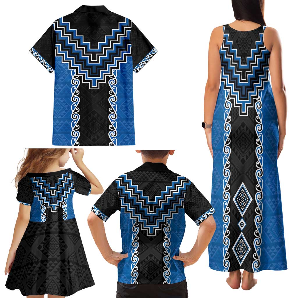 Blue Niho Taniwha Mix Poutama Family Matching Tank Maxi Dress and Hawaiian Shirt Unique Taniko Aotearoa