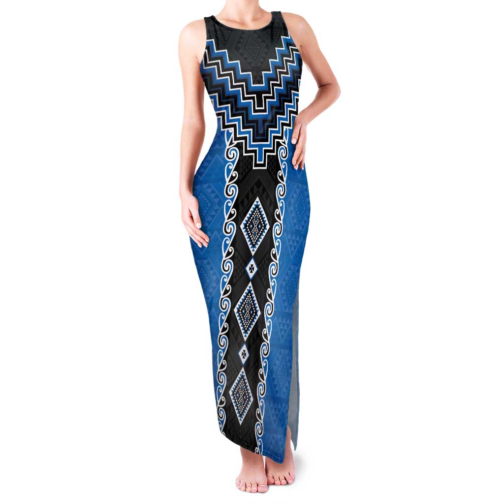 Blue Niho Taniwha Mix Poutama Family Matching Tank Maxi Dress and Hawaiian Shirt Unique Taniko Aotearoa