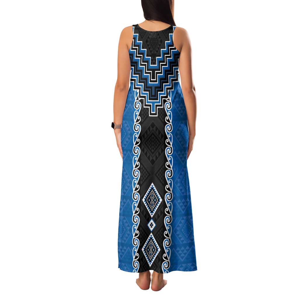 Blue Niho Taniwha Mix Poutama Family Matching Tank Maxi Dress and Hawaiian Shirt Unique Taniko Aotearoa