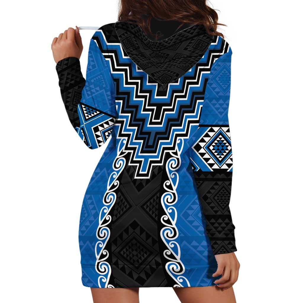 Blue Niho Taniwha Mix Poutama Hoodie Dress Unique Taniko Aotearoa