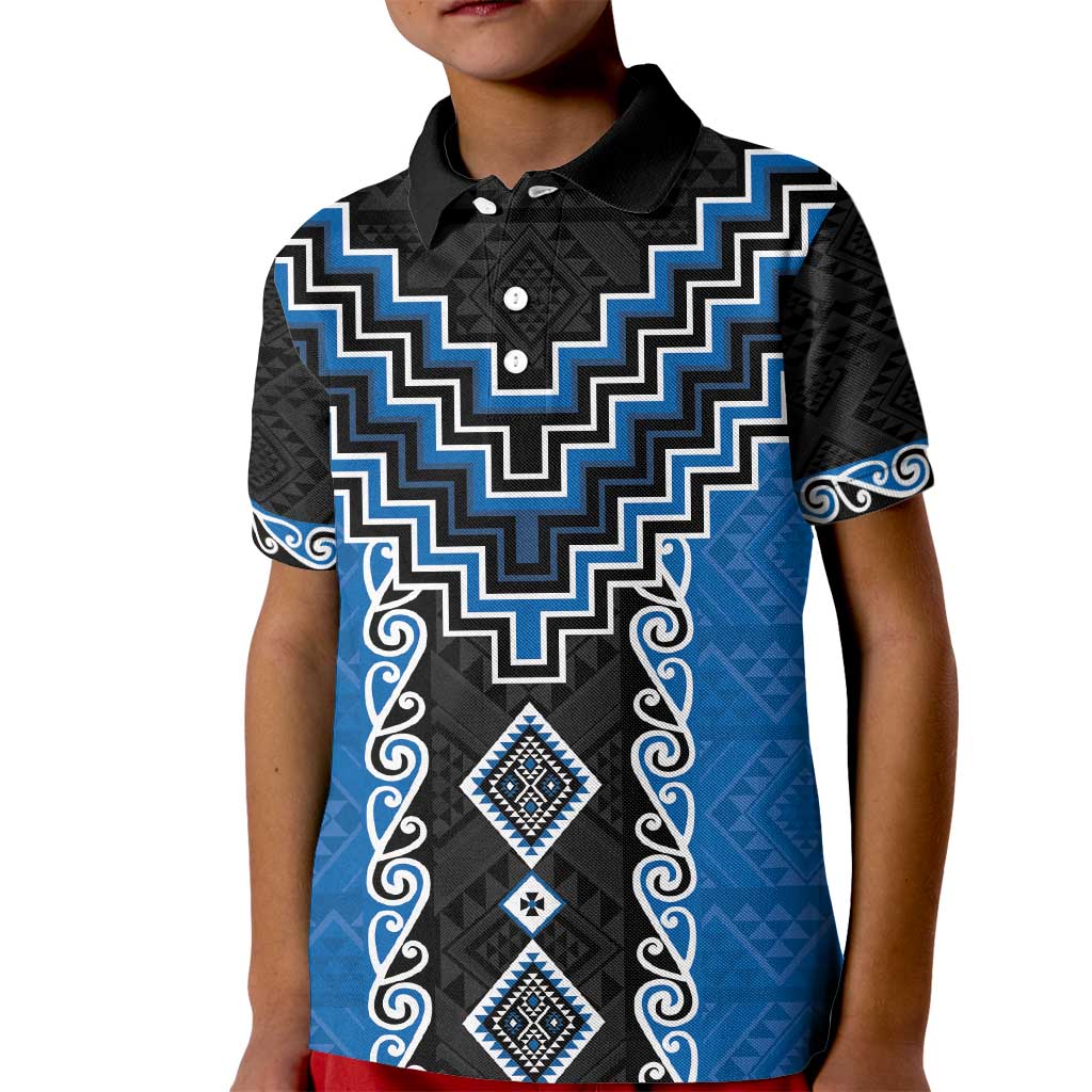 Blue Niho Taniwha Mix Poutama Kid Polo Shirt Unique Taniko Aotearoa LT01 Kid Blue - Polynesian Pride