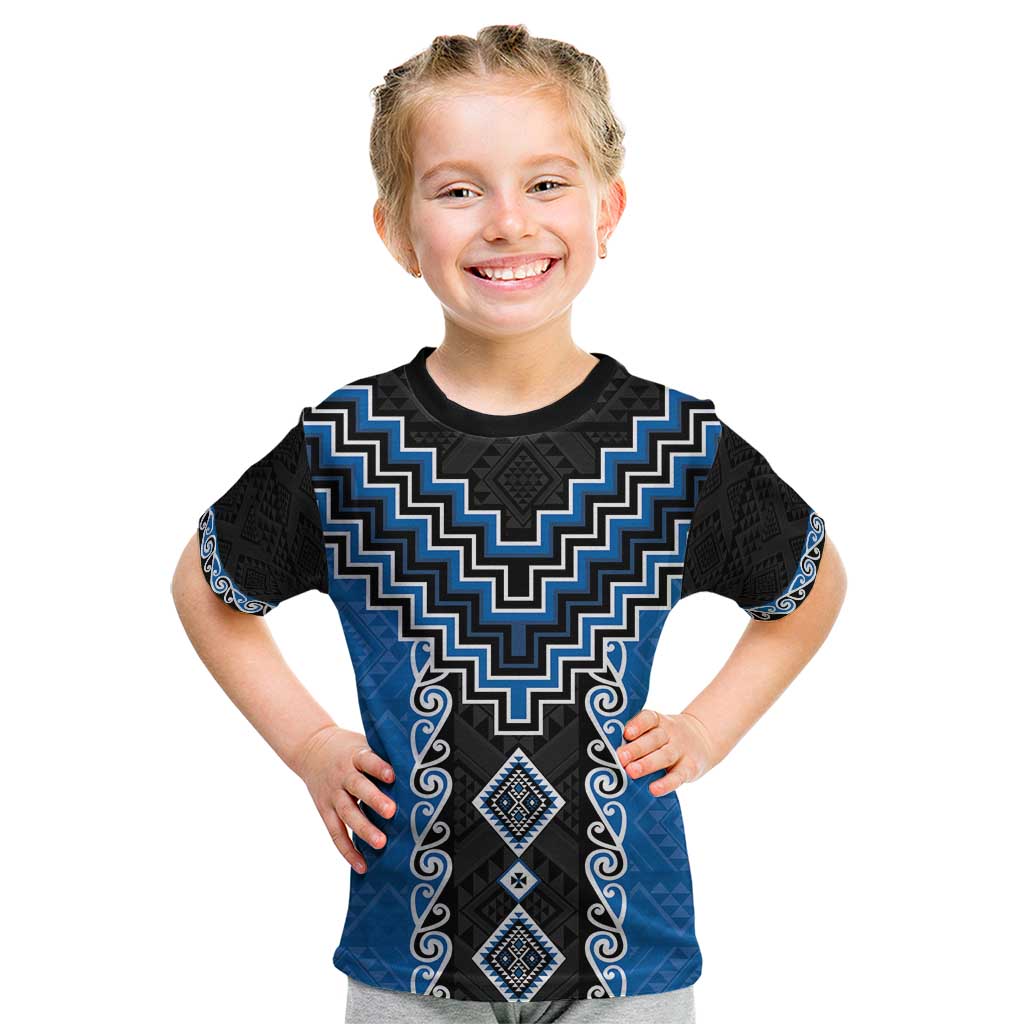 Blue Niho Taniwha Mix Poutama Kid T Shirt Unique Taniko Aotearoa