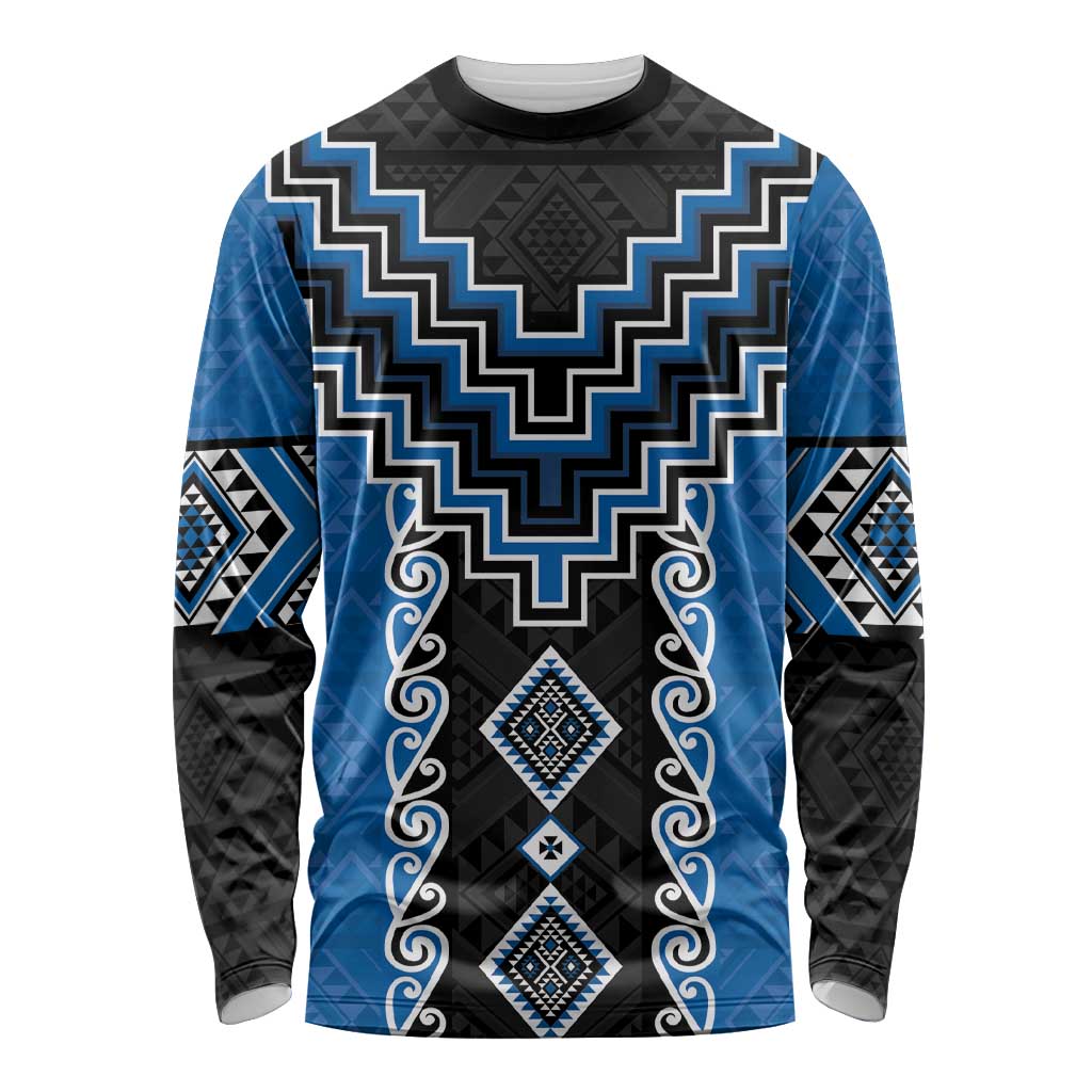 Blue Niho Taniwha Mix Poutama Long Sleeve Shirt Unique Taniko Aotearoa LT01 Unisex Blue - Polynesian Pride