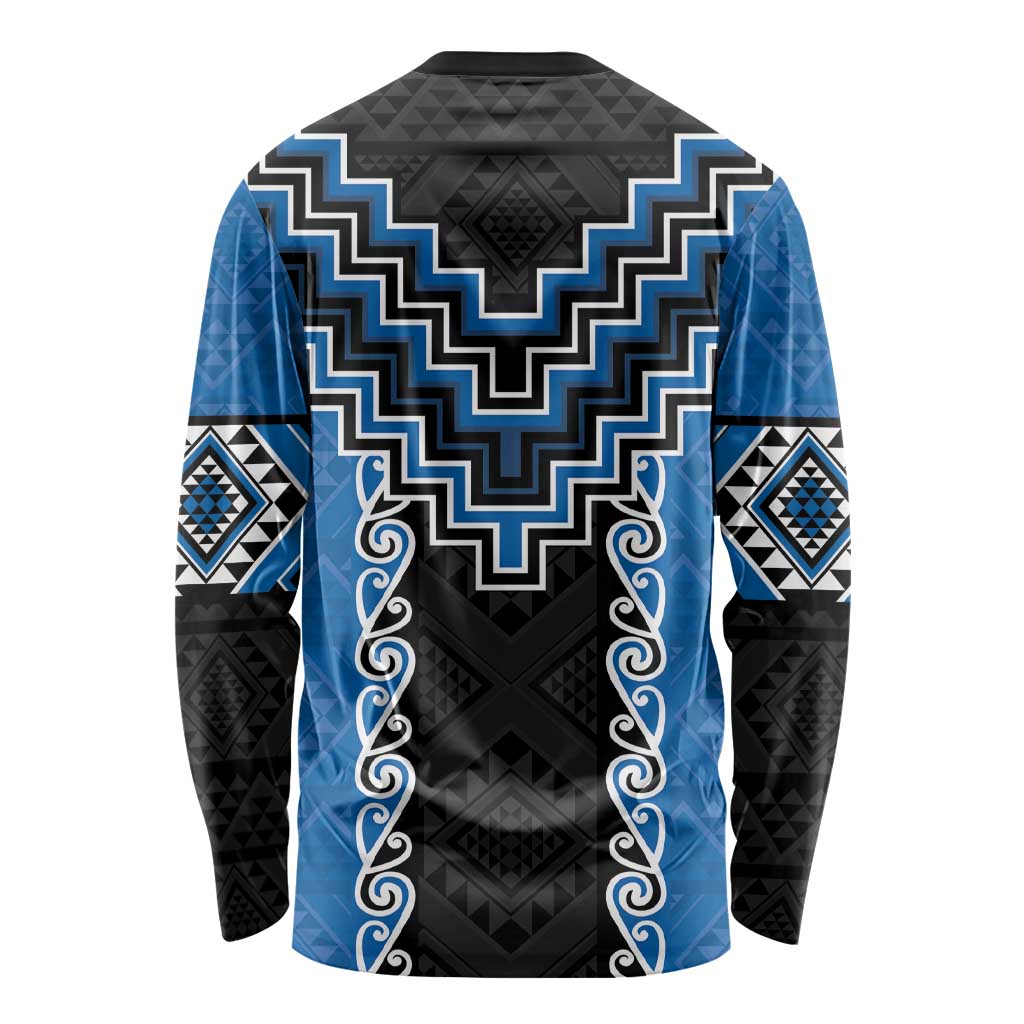Blue Niho Taniwha Mix Poutama Long Sleeve Shirt Unique Taniko Aotearoa LT01 - Polynesian Pride