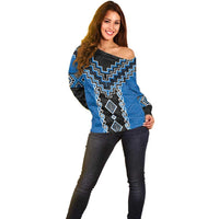Blue Niho Taniwha Mix Poutama Off Shoulder Sweater Unique Taniko Aotearoa LT01 - Polynesian Pride
