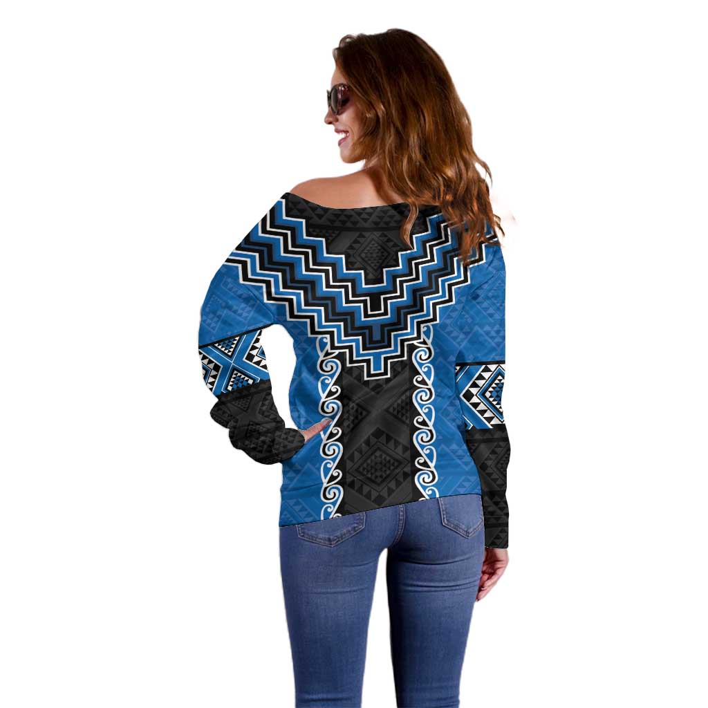 Blue Niho Taniwha Mix Poutama Off Shoulder Sweater Unique Taniko Aotearoa LT01 - Polynesian Pride