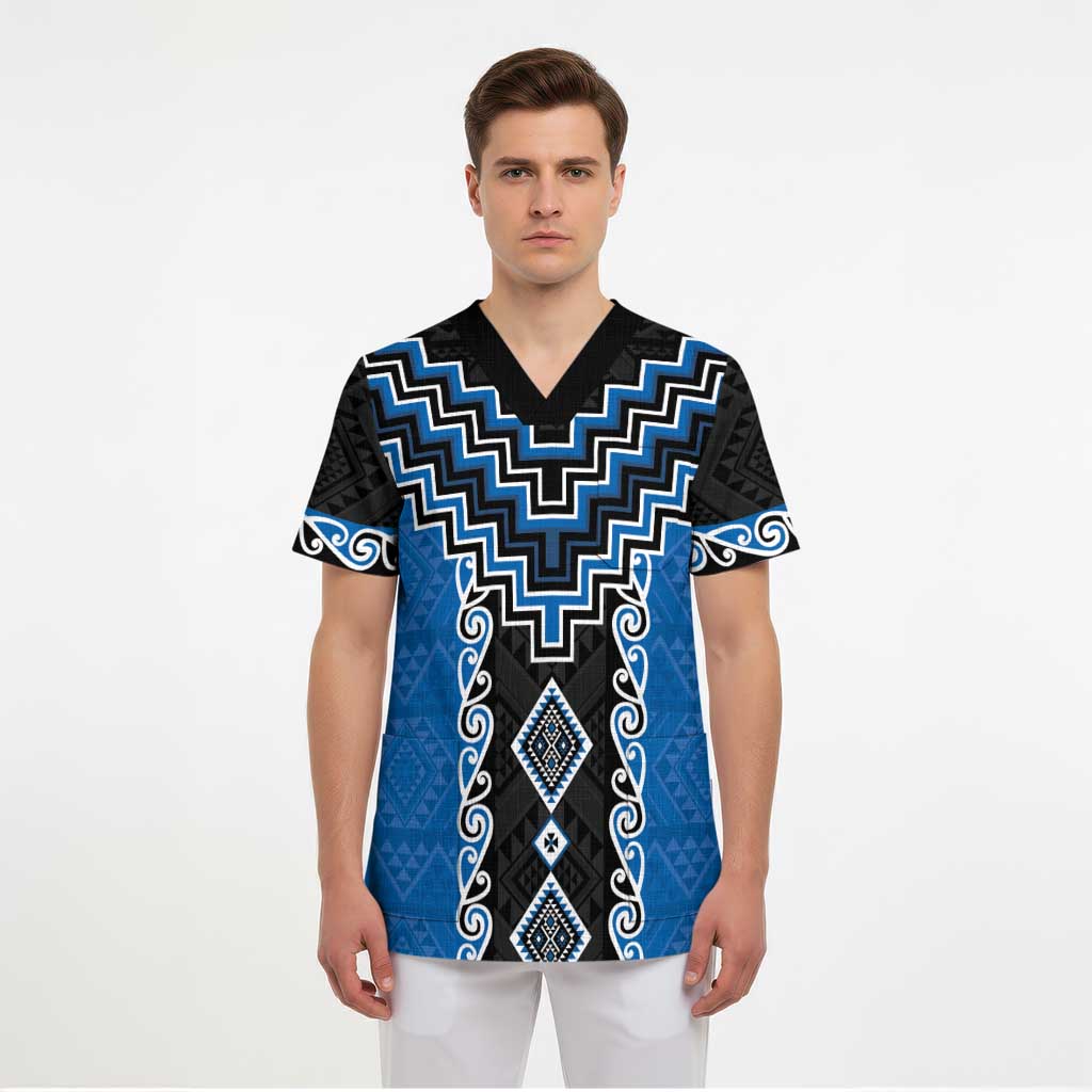 Blue Niho Taniwha Mix Poutama Scrub Top Unique Taniko Aotearoa - Polynesian Pride