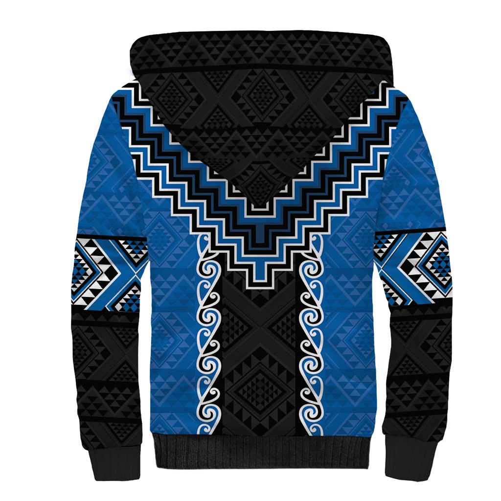 Blue Niho Taniwha Mix Poutama Sherpa Hoodie Unique Taniko Aotearoa
