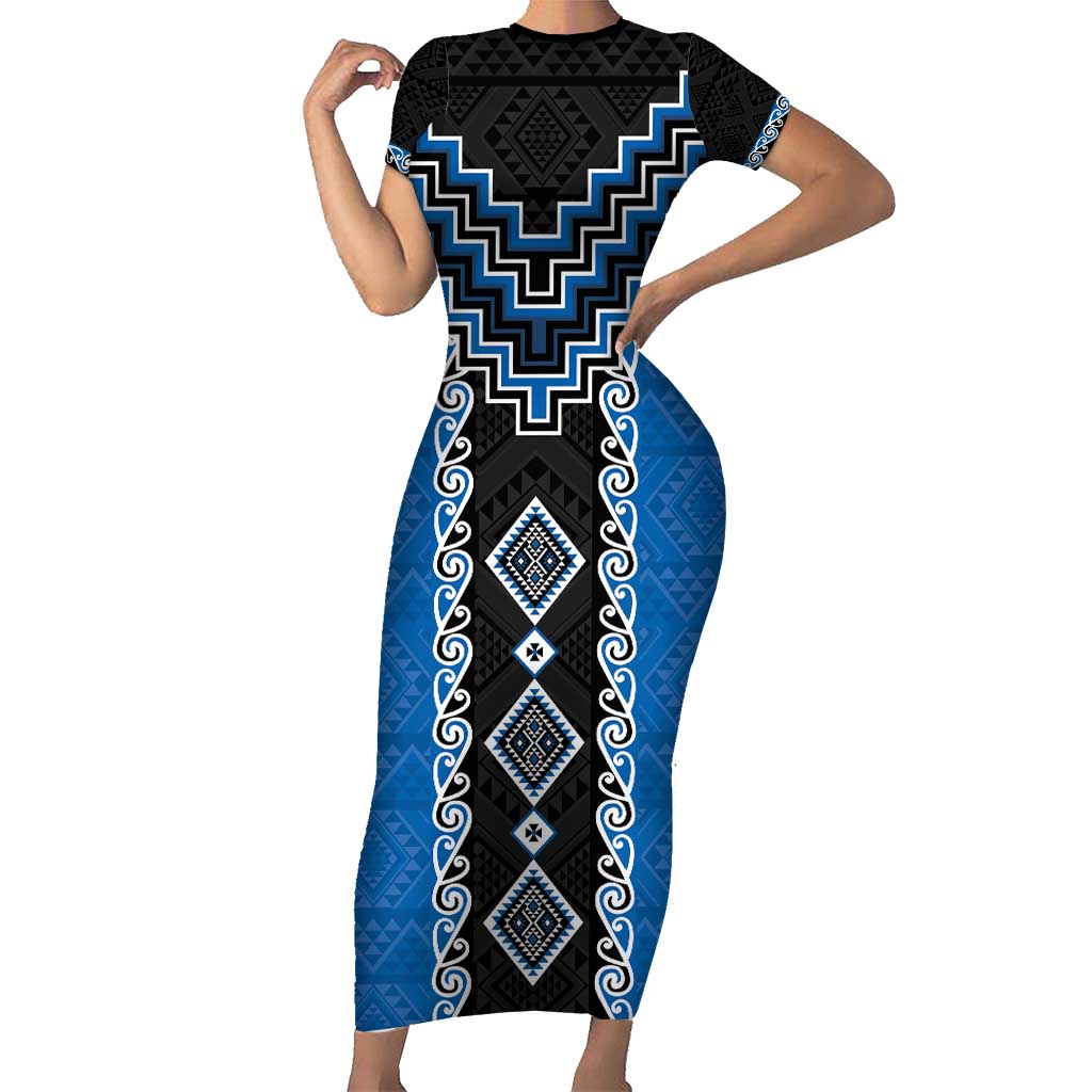 Blue Niho Taniwha Mix Poutama Short Sleeve Bodycon Dress Unique Taniko Aotearoa