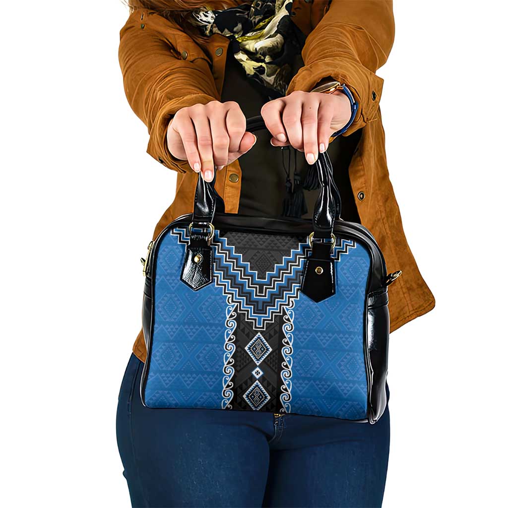 Blue Niho Taniwha Mix Poutama Shoulder Handbag Unique Taniko Aotearoa