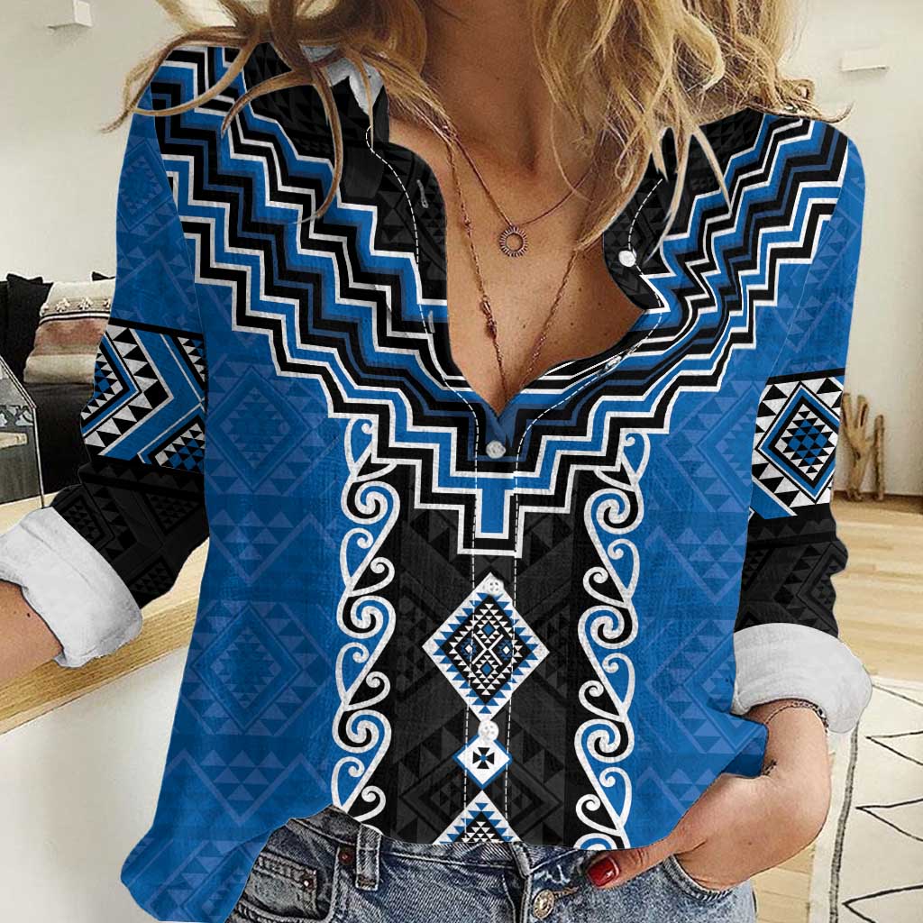 Blue Niho Taniwha Mix Poutama Women Casual Shirt Unique Taniko Aotearoa LT01 Female Blue - Polynesian Pride