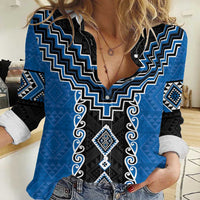 Blue Niho Taniwha Mix Poutama Women Casual Shirt Unique Taniko Aotearoa LT01 Female Blue - Polynesian Pride