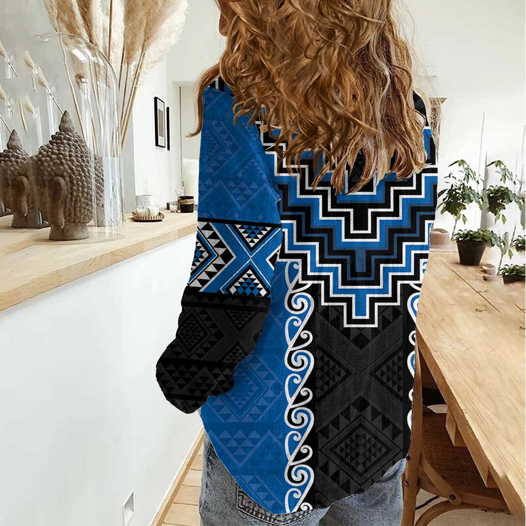 Blue Niho Taniwha Mix Poutama Women Casual Shirt Unique Taniko Aotearoa LT01 - Polynesian Pride