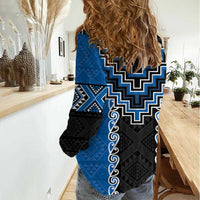 Blue Niho Taniwha Mix Poutama Women Casual Shirt Unique Taniko Aotearoa LT01 - Polynesian Pride