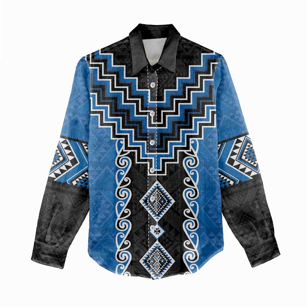 Blue Niho Taniwha Mix Poutama Women Casual Shirt Unique Taniko Aotearoa LT01 - Polynesian Pride