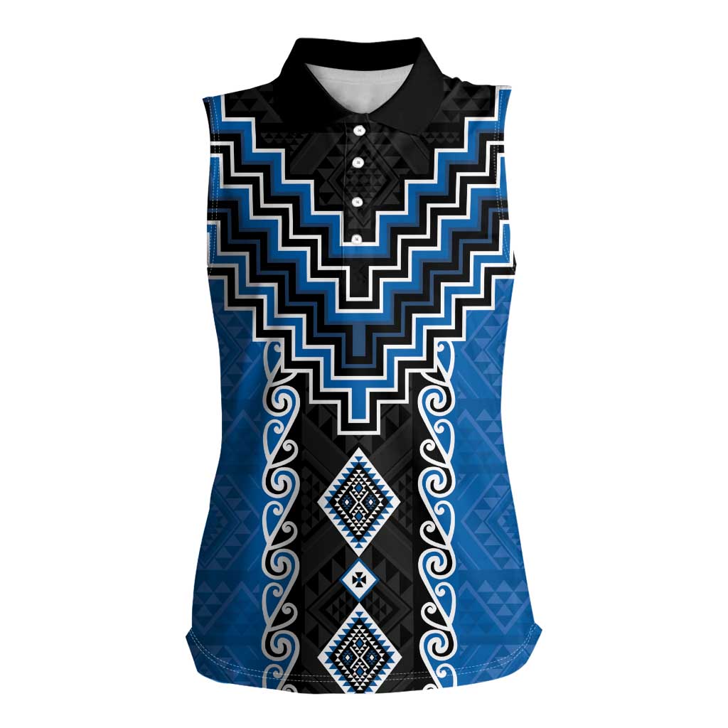 Blue Niho Taniwha Mix Poutama Women Sleeveless Polo Shirt Unique Taniko Aotearoa LT01 Female Blue - Polynesian Pride