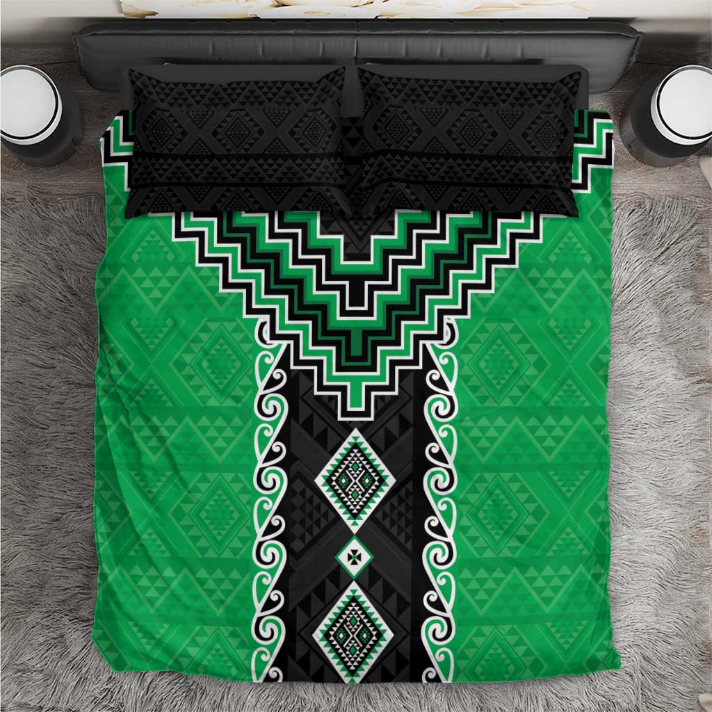 Green Niho Taniwha Mix Poutama Bedding Set Unique Taniko Aotearoa