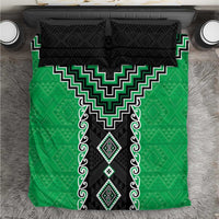 Green Niho Taniwha Mix Poutama Bedding Set Unique Taniko Aotearoa