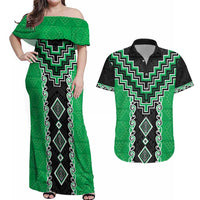 Green Niho Taniwha Mix Poutama Couples Matching Off Shoulder Maxi Dress and Hawaiian Shirt Unique Taniko Aotearoa LT01 Green - Polynesian Pride