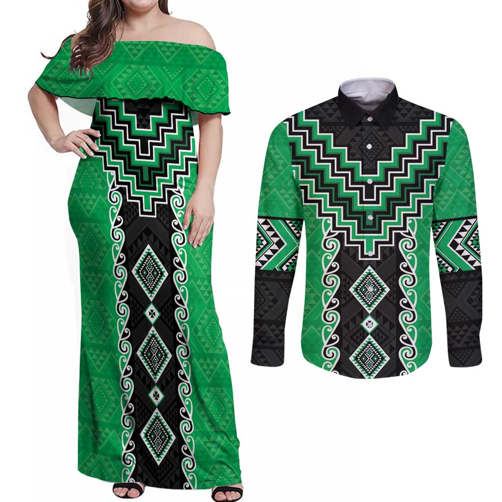Green Niho Taniwha Mix Poutama Couples Matching Off Shoulder Maxi Dress and Long Sleeve Button Shirt Unique Taniko Aotearoa LT01 Green - Polynesian Pride