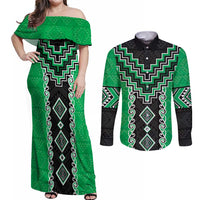 Green Niho Taniwha Mix Poutama Couples Matching Off Shoulder Maxi Dress and Long Sleeve Button Shirt Unique Taniko Aotearoa LT01 Green - Polynesian Pride