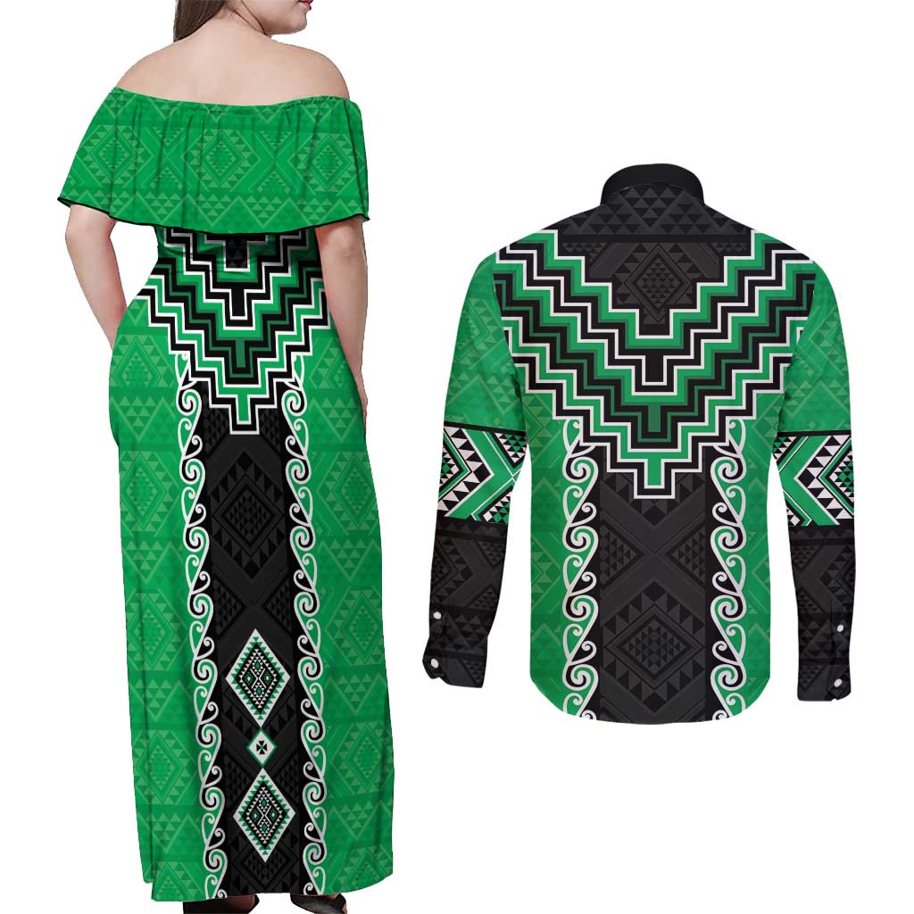 Green Niho Taniwha Mix Poutama Couples Matching Off Shoulder Maxi Dress and Long Sleeve Button Shirt Unique Taniko Aotearoa LT01 - Polynesian Pride