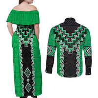 Green Niho Taniwha Mix Poutama Couples Matching Off Shoulder Maxi Dress and Long Sleeve Button Shirt Unique Taniko Aotearoa LT01 - Polynesian Pride