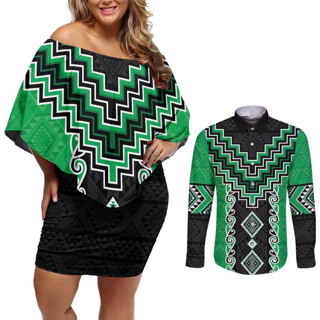Green Niho Taniwha Mix Poutama Couples Matching Off Shoulder Short Dress and Long Sleeve Button Shirt Unique Taniko Aotearoa LT01 Green - Polynesian Pride