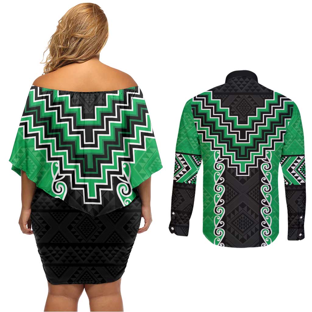 Green Niho Taniwha Mix Poutama Couples Matching Off Shoulder Short Dress and Long Sleeve Button Shirt Unique Taniko Aotearoa LT01 - Polynesian Pride
