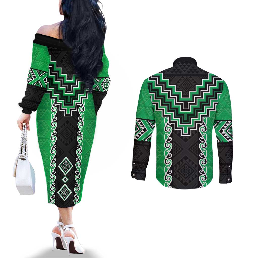 Green Niho Taniwha Mix Poutama Couples Matching Off The Shoulder Long Sleeve Dress and Long Sleeve Button Shirt Unique Taniko Aotearoa LT01 - Polynesian Pride