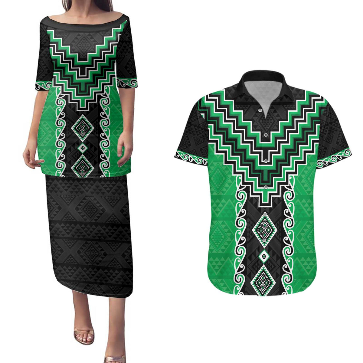 Green Niho Taniwha Mix Poutama Couples Matching Puletasi and Hawaiian Shirt Unique Taniko Aotearoa LT01 Green - Polynesian Pride