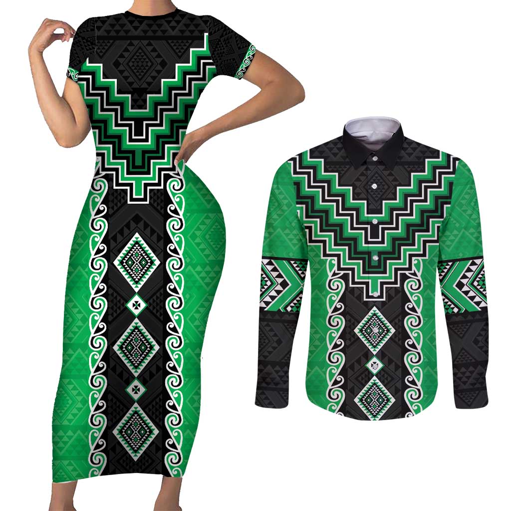 Green Niho Taniwha Mix Poutama Couples Matching Short Sleeve Bodycon Dress and Long Sleeve Button Shirt Unique Taniko Aotearoa LT01 Green - Polynesian Pride