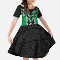 Green Niho Taniwha Mix Poutama Family Matching Long Sleeve Bodycon Dress and Hawaiian Shirt Unique Taniko Aotearoa LT01 Daughter's Dress Green - Polynesian Pride