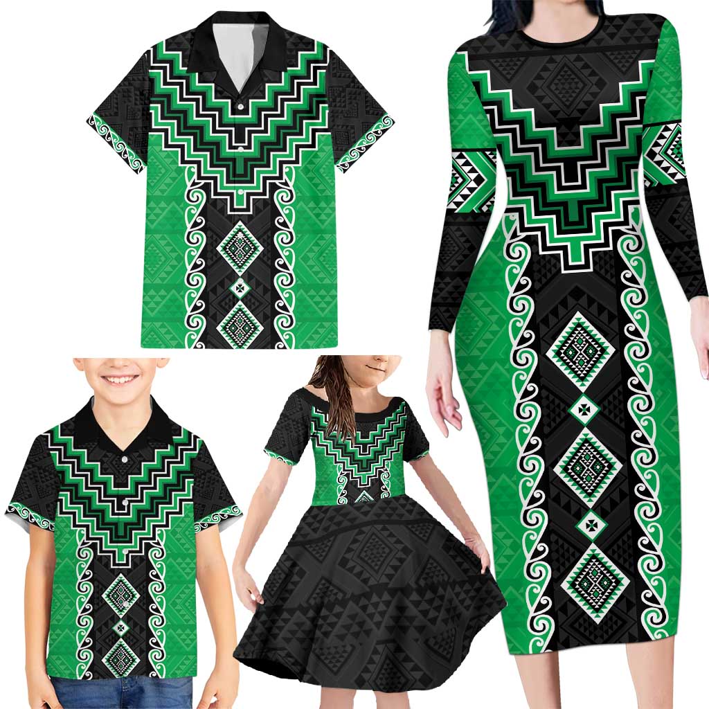 Green Niho Taniwha Mix Poutama Family Matching Long Sleeve Bodycon Dress and Hawaiian Shirt Unique Taniko Aotearoa LT01 - Polynesian Pride