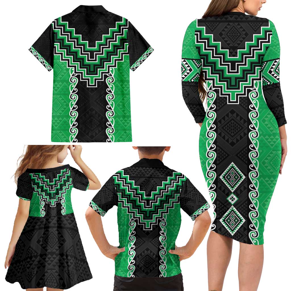 Green Niho Taniwha Mix Poutama Family Matching Long Sleeve Bodycon Dress and Hawaiian Shirt Unique Taniko Aotearoa LT01 - Polynesian Pride