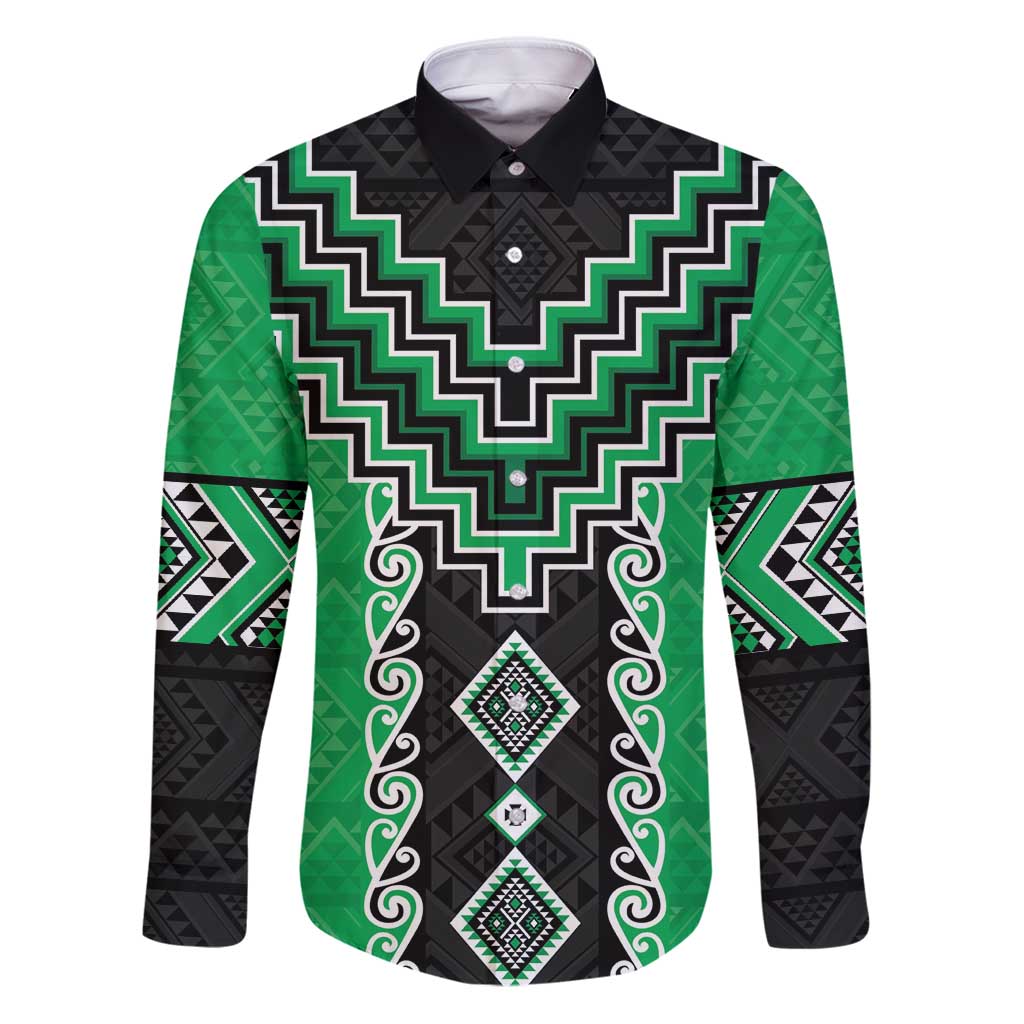 Green Niho Taniwha Mix Poutama Family Matching Puletasi and Hawaiian Shirt Unique Taniko Aotearoa LT01 Dad's Shirt - Long Sleeve Green - Polynesian Pride