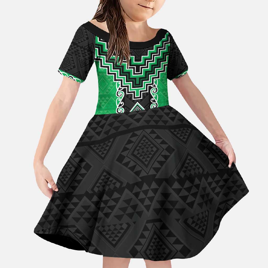 Green Niho Taniwha Mix Poutama Family Matching Short Sleeve Bodycon Dress and Hawaiian Shirt Unique Taniko Aotearoa LT01 Daughter's Dress Green - Polynesian Pride