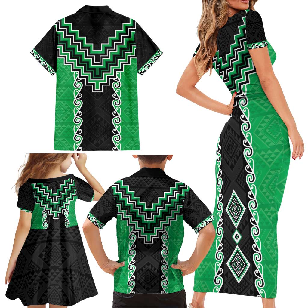 Green Niho Taniwha Mix Poutama Family Matching Short Sleeve Bodycon Dress and Hawaiian Shirt Unique Taniko Aotearoa LT01 - Polynesian Pride