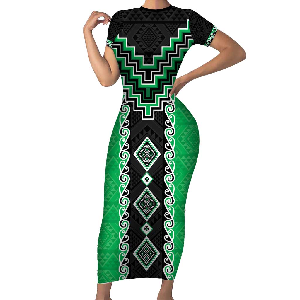Green Niho Taniwha Mix Poutama Family Matching Short Sleeve Bodycon Dress and Hawaiian Shirt Unique Taniko Aotearoa LT01 Mom's Dress Green - Polynesian Pride