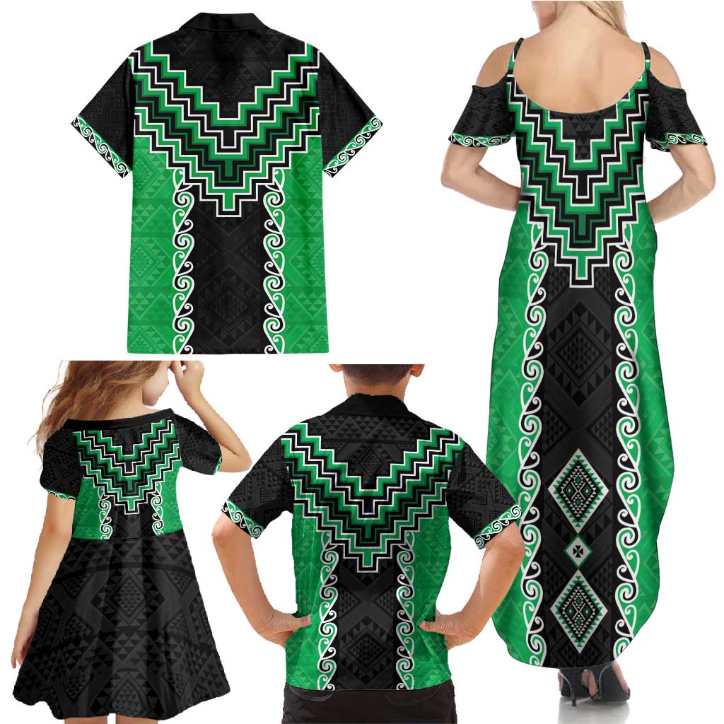 Green Niho Taniwha Mix Poutama Family Matching Summer Maxi Dress and Hawaiian Shirt Unique Taniko Aotearoa