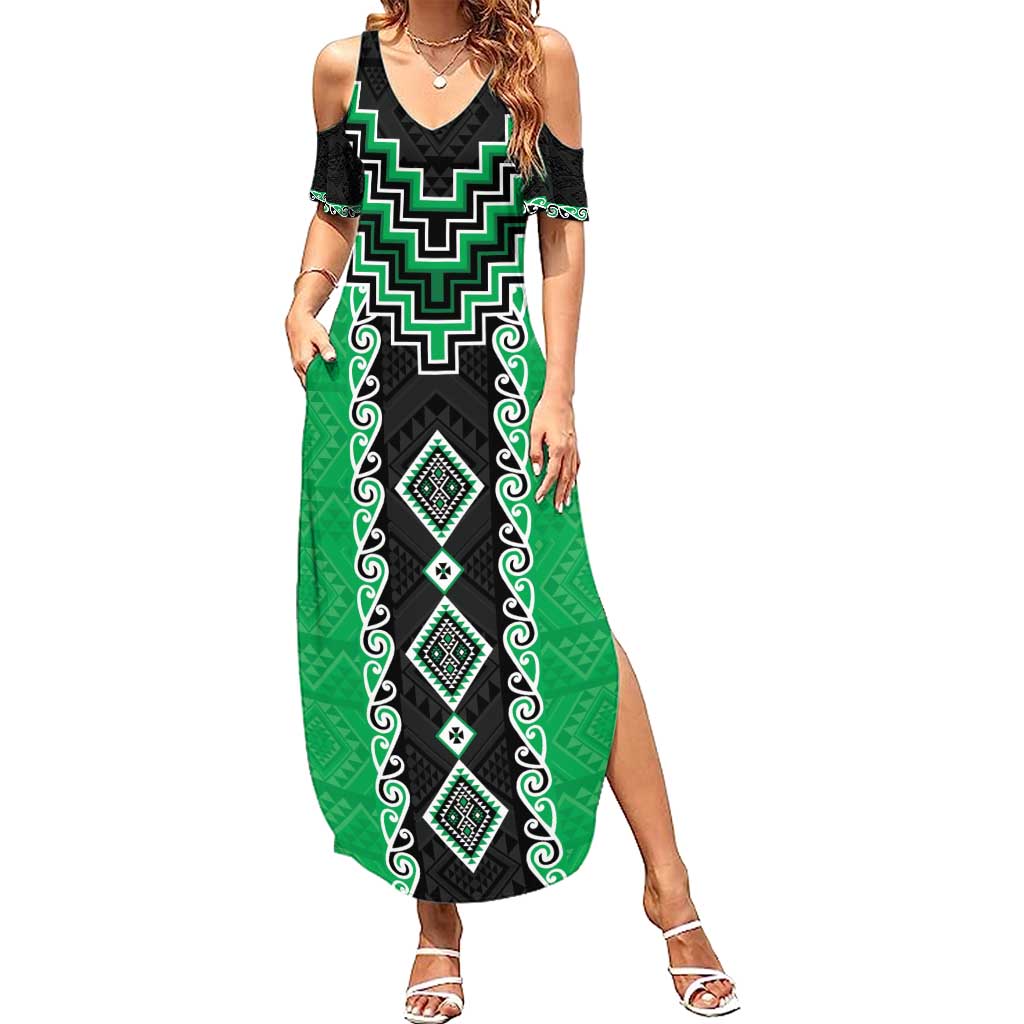 Green Niho Taniwha Mix Poutama Family Matching Summer Maxi Dress and Hawaiian Shirt Unique Taniko Aotearoa