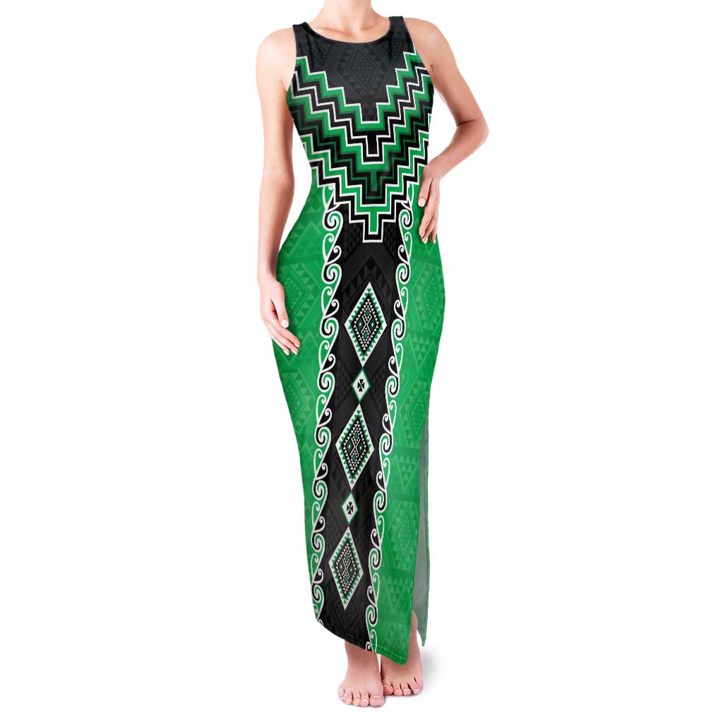 Green Niho Taniwha Mix Poutama Family Matching Tank Maxi Dress and Hawaiian Shirt Unique Taniko Aotearoa