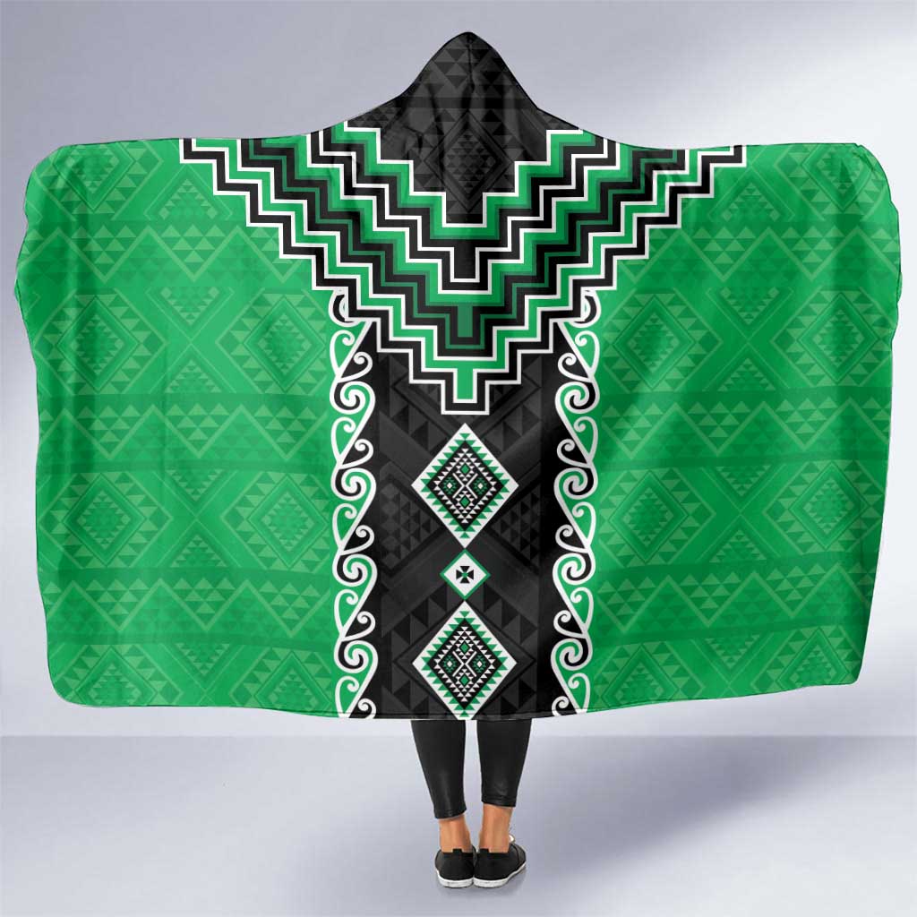 Green Niho Taniwha Mix Poutama Hooded Blanket Unique Taniko Aotearoa