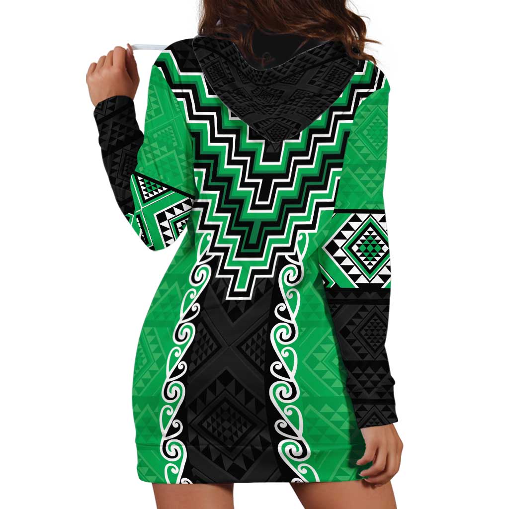 Green Niho Taniwha Mix Poutama Hoodie Dress Unique Taniko Aotearoa