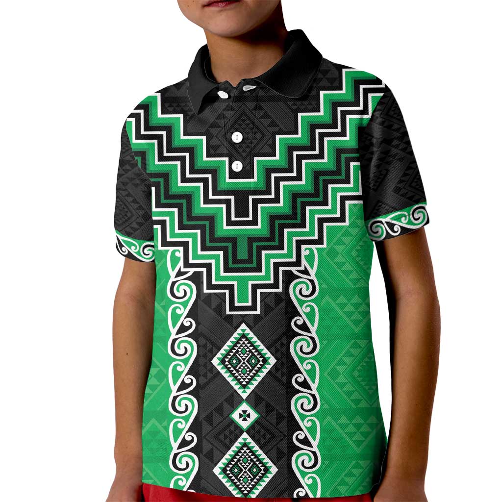 Green Niho Taniwha Mix Poutama Kid Polo Shirt Unique Taniko Aotearoa LT01 Kid Green - Polynesian Pride