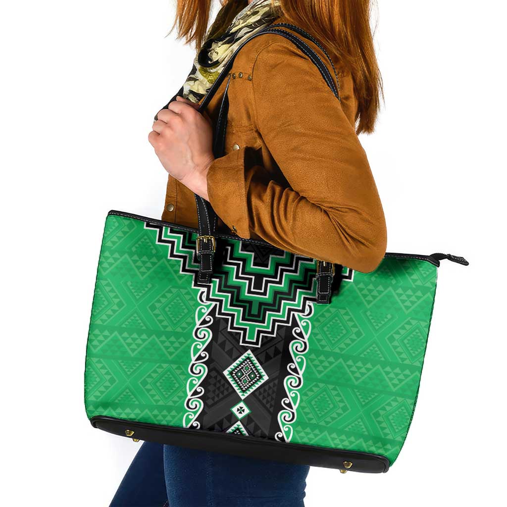 Green Niho Taniwha Mix Poutama Leather Tote Bag Unique Taniko Aotearoa LT01 Green - Polynesian Pride