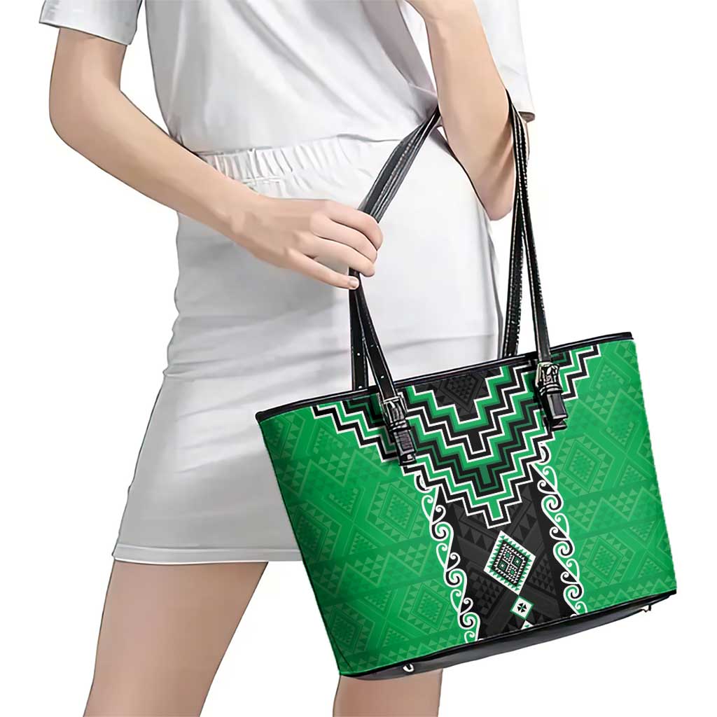 Green Niho Taniwha Mix Poutama Leather Tote Bag Unique Taniko Aotearoa LT01 - Polynesian Pride